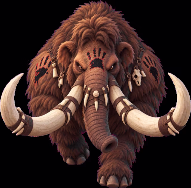 The Mammoth, a war-painted woolly mammoth with bone decorations