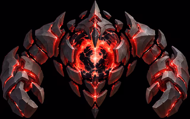 The Nexus Core, a dark machine with a glowing red core and claws