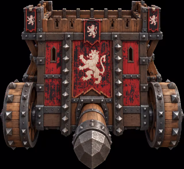 The Siege Tower, a rolling fortress with a battering ram