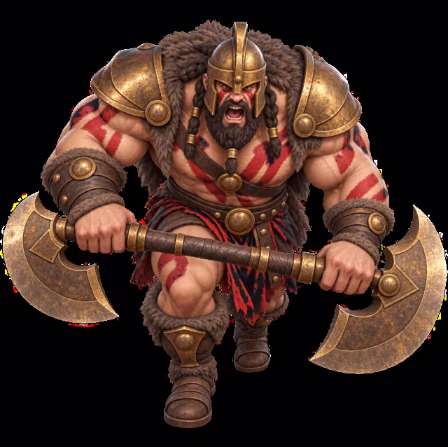The War Chief, a giant in a bronze helmet gripping a double-headed axe