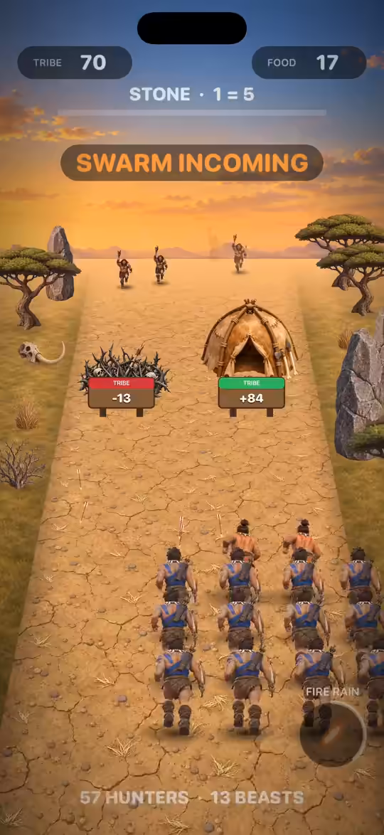 Tribe Rush on iPhone: a tribe of 70 runs up a Stone Age road toward two doors, thorns marked minus 13 and a hut marked plus 84, as a swarm of raiders charges in.